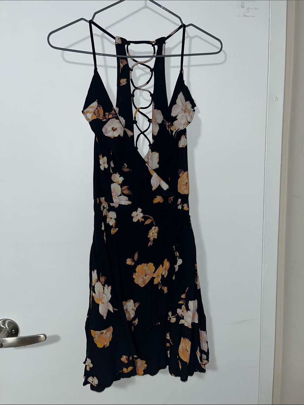 Urban Outfitters Black Floral Lace-Up Strappy Mini Dress